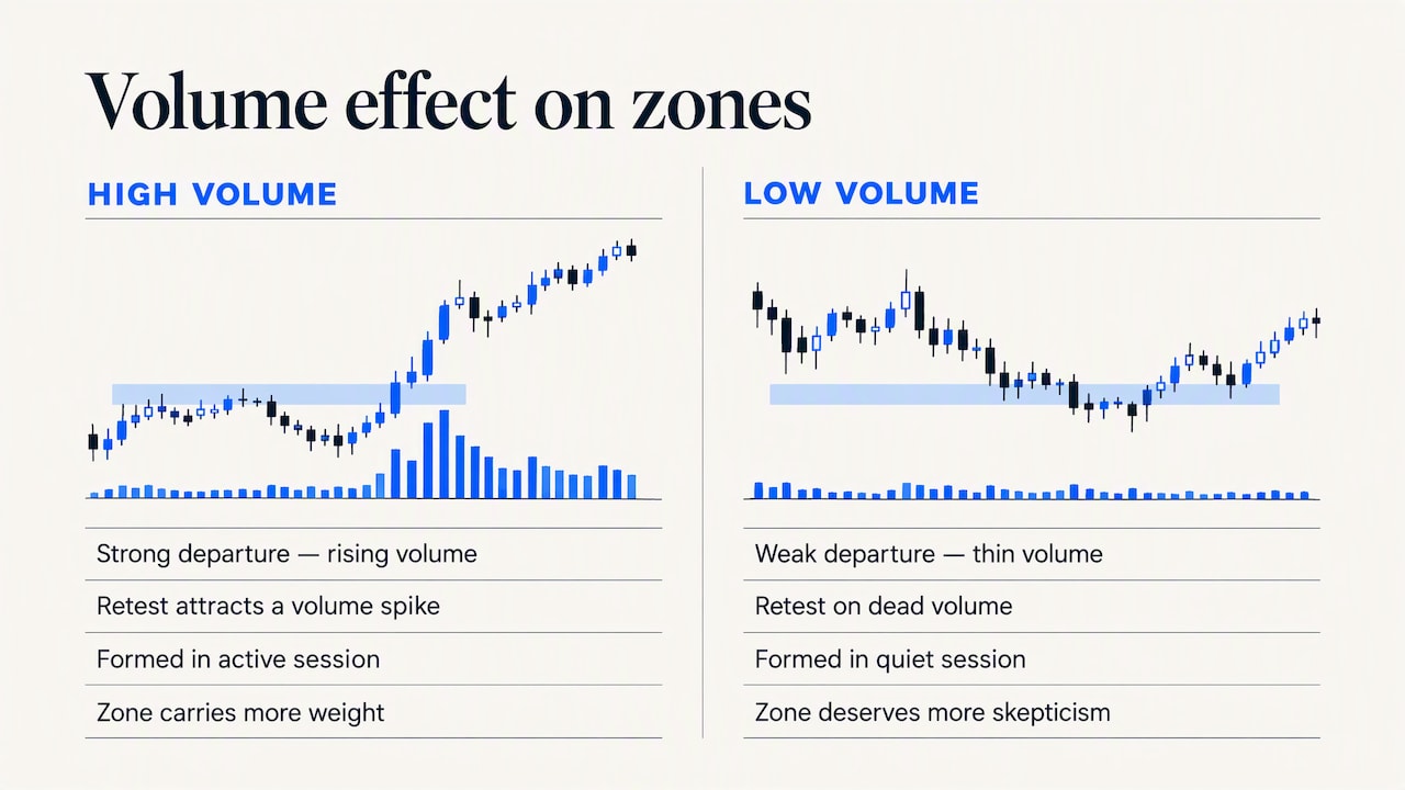 How volume interacts with supply and demand zones — overview diagram